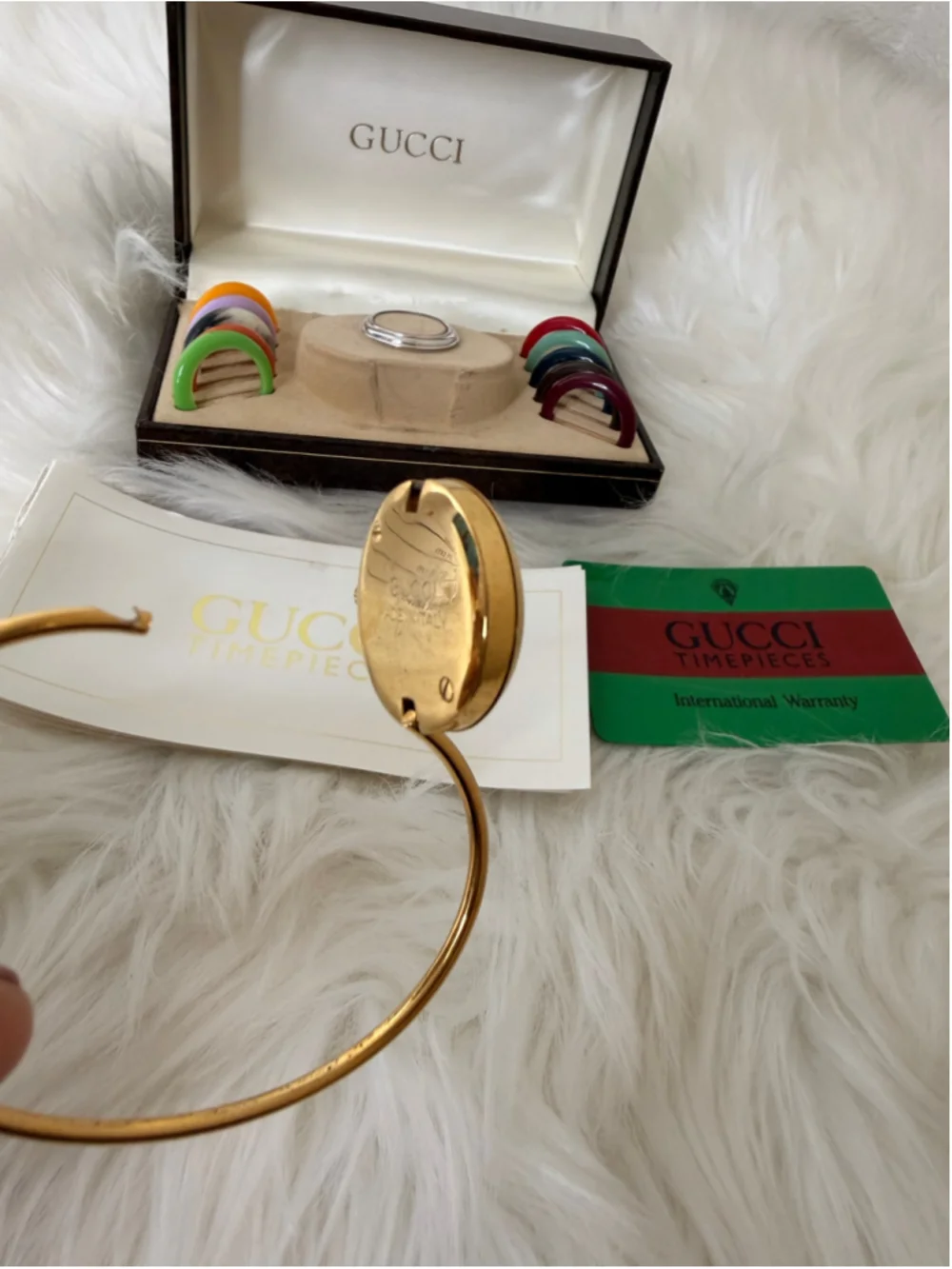 Vintage Gucci Interchangeable Bezel Bangle Watch, w/ 12 bezels, box & paperwork